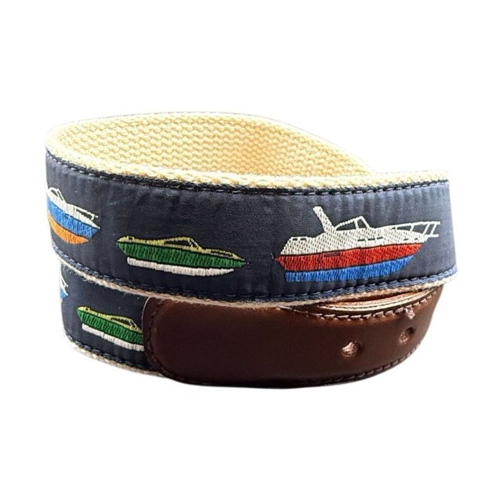 Canterbury Sz 32 Canvas Belt Blue Nautical Boats Leather Trim Solid Brass VTG